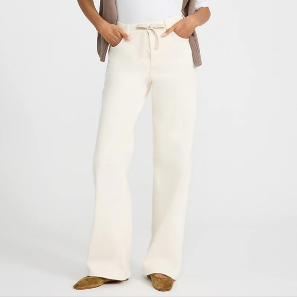 Express | High Waisted Ivory Wash Drawstring Wide Leg Jeans - Picture 6 of 9